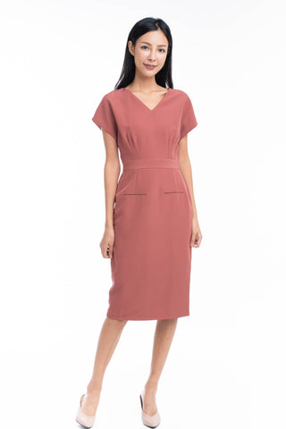 Maggie Pleated Front Waist Band Midi Dress in Rust