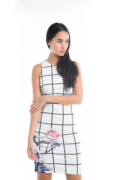 Katie Grid-Print Floral Midi in White - Mint Ooak - Dress - 1