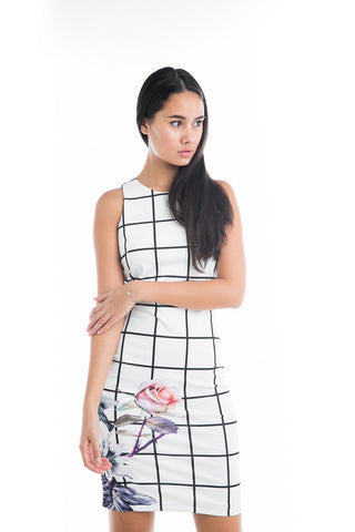 Katie Grid-Print Floral Midi in White - Mint Ooak - Dress - 1