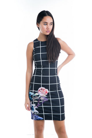 Katie Grid-Print Floral Midi in black - Mint Ooak - Dress - 1