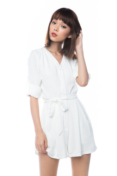Talor Button Sleeved Romper In White - Mint Ooak - Playsuit - 1