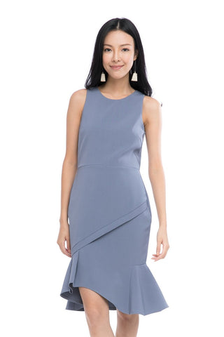 Julyne Tiered Fluted Hem Midi in Blue Grey