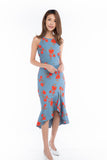 Mandy Cut in Printed Ruffle Bottom Midi in Teal