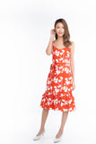 Azlicia Ruffle Drop Hem Printed Midi in Red