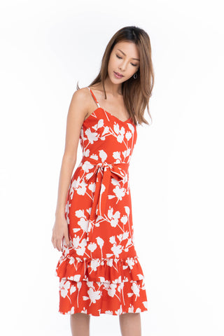 Azlicia Ruffle Drop Hem Printed Midi in Red