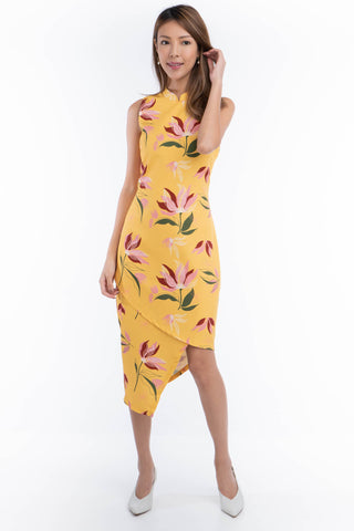 Tia Cross-over Detail Cheongsam in Yellow Floral