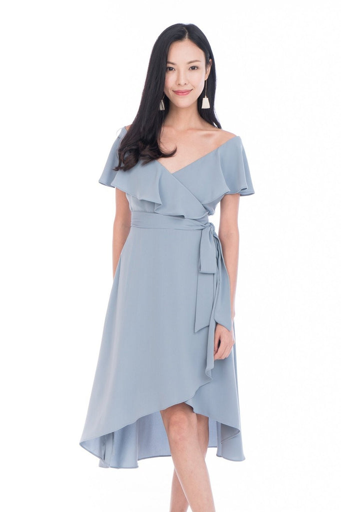 Nina Ruffle Top Off shoulder Wrap Dress in Powder Blue Grey Mint Ooak Nina Ruffle Top Off shoulder Wrap Dress in Powder Blue Grey Mint Ooak