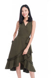 Jules Ruffles Skater Wrap Dress in Olive