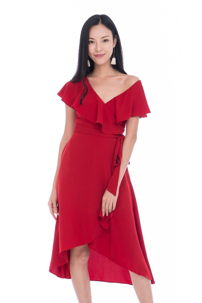 Nina Ruffle Top Off shoulder Wrap Dress in Hot Red Mint Ooak Nina Ruffle Top Off shoulder Wrap Dress in Hot Red Mint Ooak