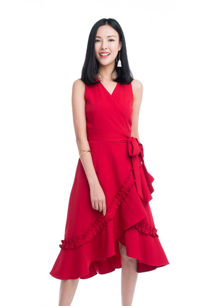 Jules Ruffles Skater Wrap Dress in Red