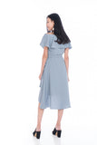 Nina Ruffle Top Off shoulder Wrap Dress in Powder Blue Grey