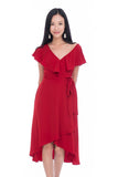 Nina Ruffle Top Off shoulder Wrap Dress in Hot Red
