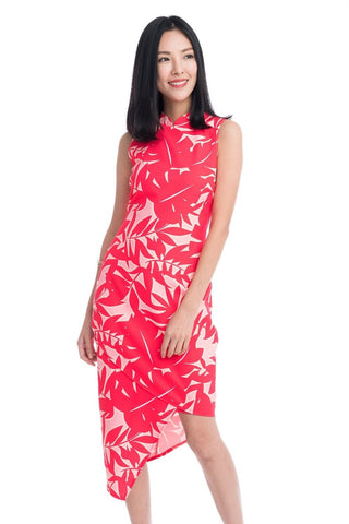 Tia Cross-over Detail Cheongsam in Crimson