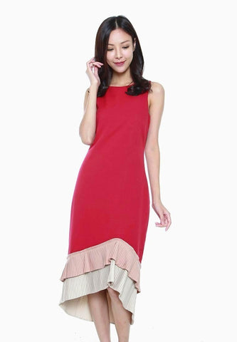Abigail Tiered Asymmetrical Pleated Hem Dress in Red