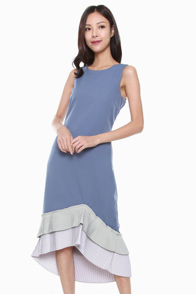 Abigail Tiered Asymmetrical Pleated Hem Dress in Blue