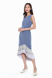 Abigail Tiered Asymmetrical Pleated Hem Dress in Blue