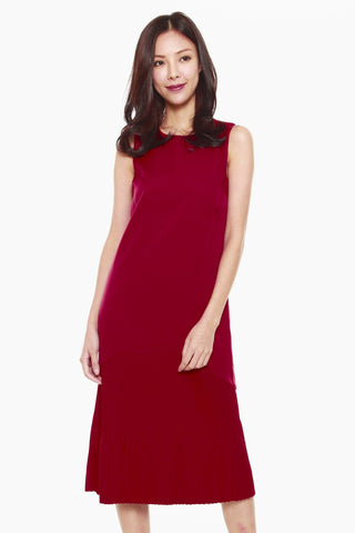 Jenn Shift Dress with Pleated Hem in Red
