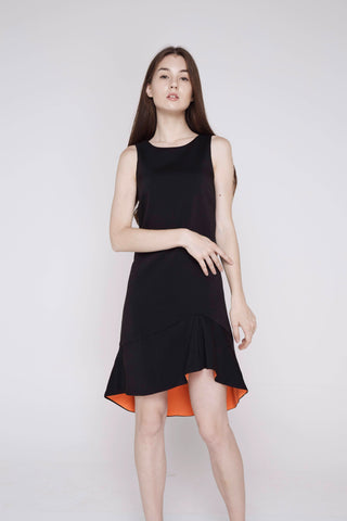 Fiona Dip Hem Colour Block Midi in Black