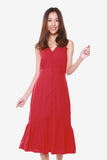 Victoria Button Down Fluted Dress in Red