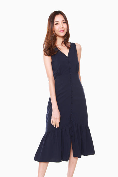 Victoria Button Down Fluted Dress in Navy