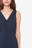 Victoria Button Down Fluted Dress in Navy