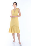 Ella Button Down Fluted Dress in Muted Yellow