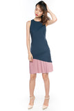 Cleo Slant Pleated Hem Colour block Midi in Navy