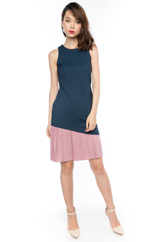Cleo Slant Pleated Hem Colour block Midi in Navy