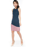 Cleo Slant Pleated Hem Colour block Midi in Navy