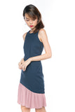 Cleo Slant Pleated Hem Colour block Midi in Navy