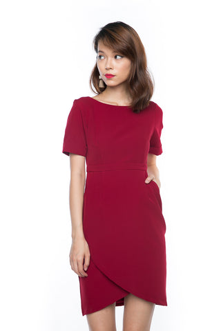 Sleeved Cross Over Midi in Red