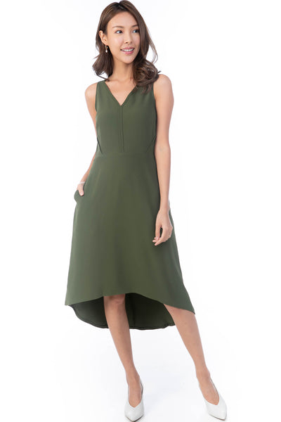 Gen v neck Side Detail Diphem Dress in Olive