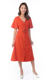 Cara Flutter Sleeved Button Midi in Rust