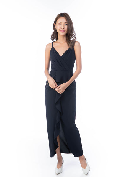 Jaime Pleated Ruffle Maxi in Midnight Blue