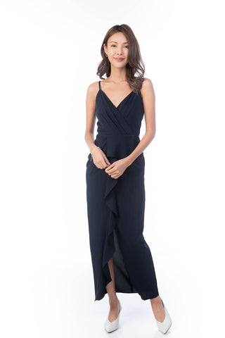 Jaime Pleated Ruffle Maxi in Midnight Blue